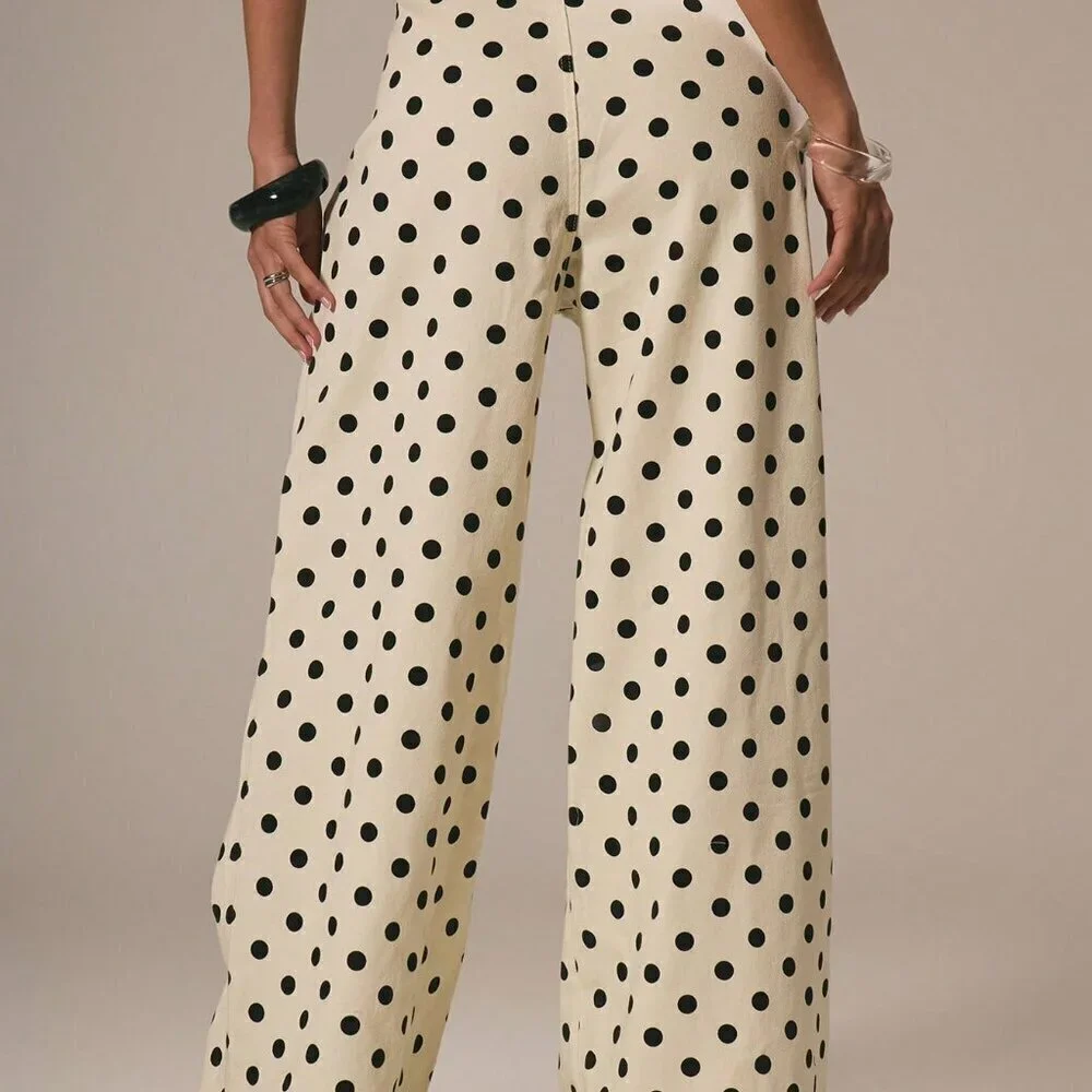 Beige Casual Women's Dainty Polka Dot Denim Straight Leg Mid Rise pants - Picture 4 of 5